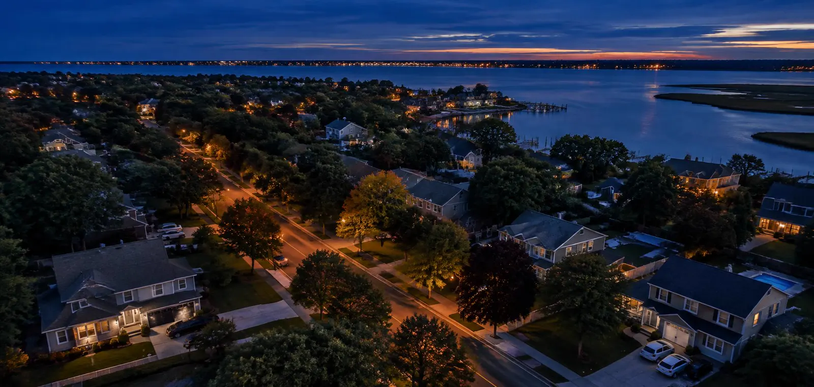 Aerial view of a South Shore Long Island neighborhood near the bay at dusk
