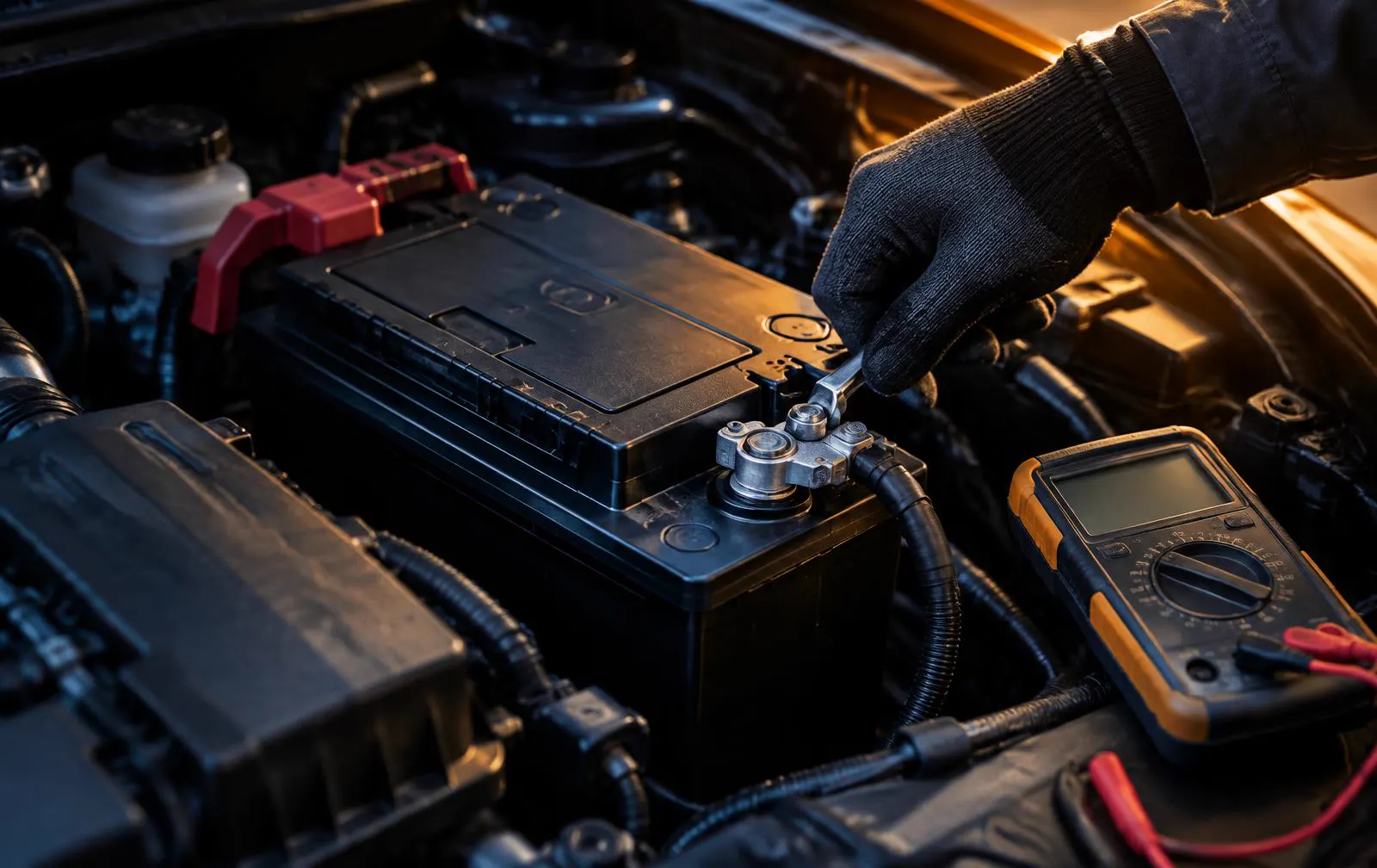 Gloved hand tightening a car battery terminal with a multimeter beside it
