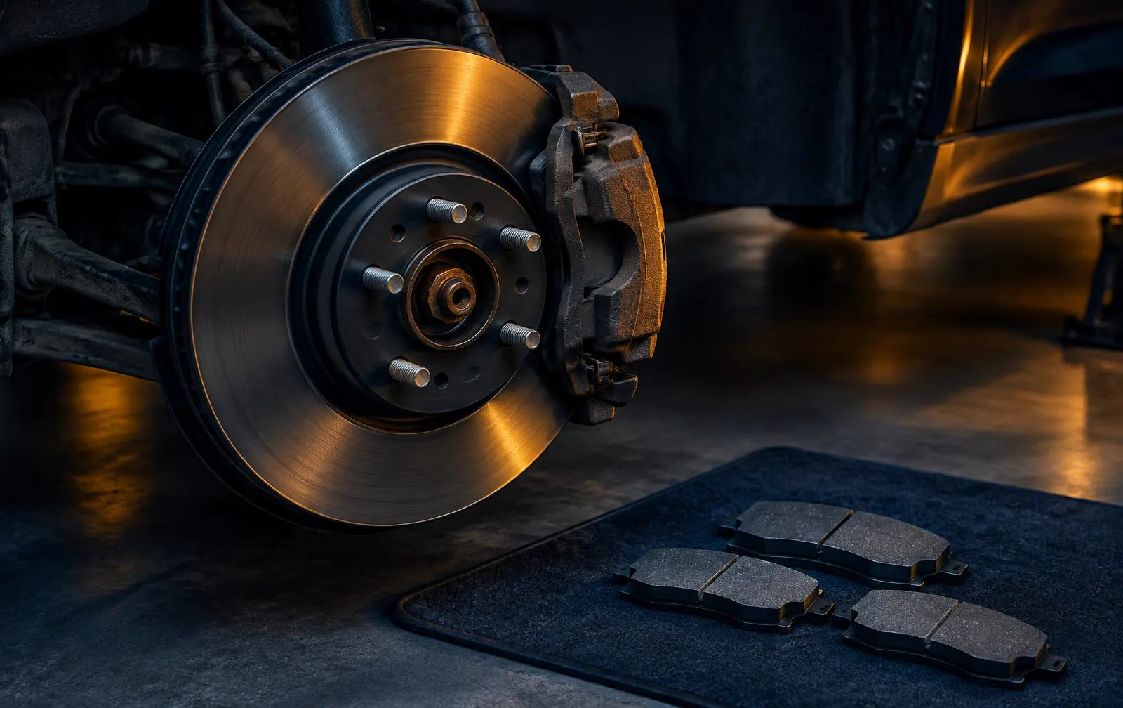 Brake rotor and caliper on a car with new brake pads on a mat beside it