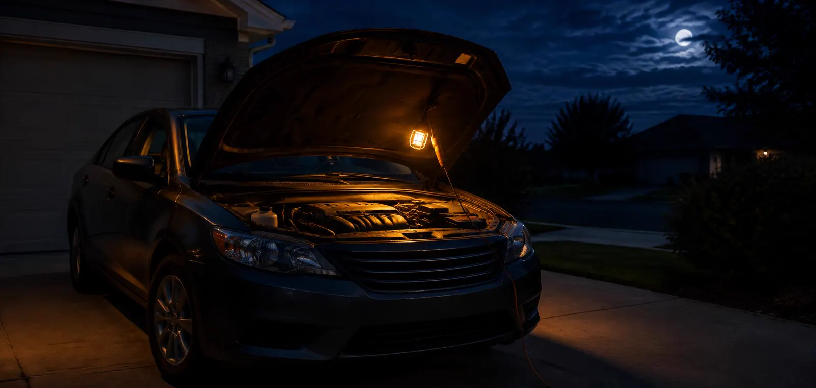 Car with its hood open in a home driveway at night, lit by a work light