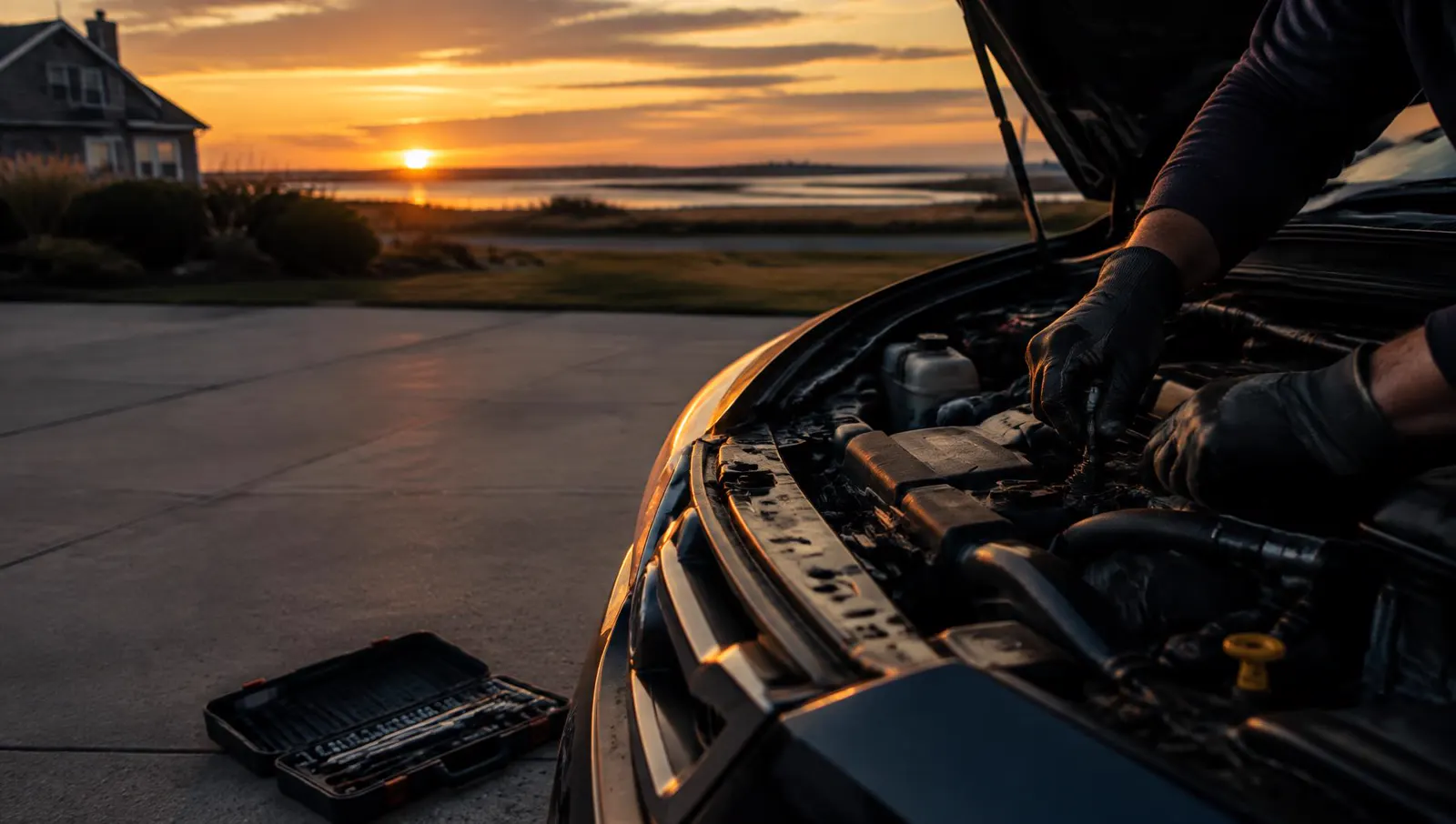 Mechanic working under the open hood of a car in a home driveway at sunset