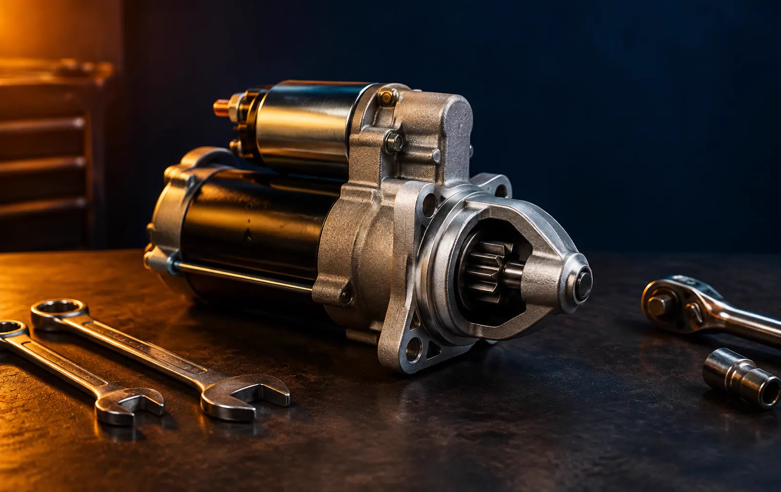 Car starter motor resting on a dark workbench next to wrenches